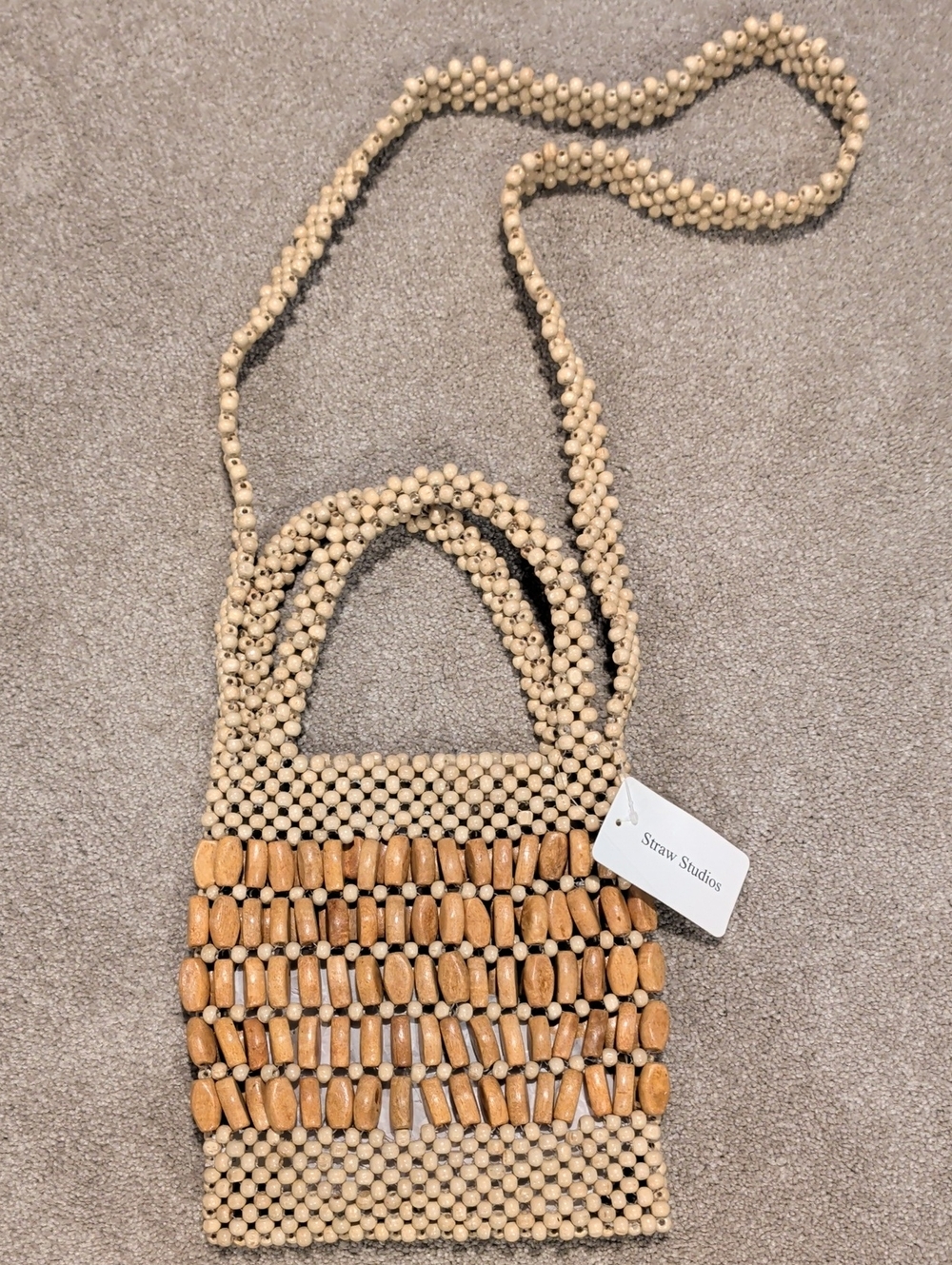 Straw Studios Beaded Crossbody Bag NWT Cream & Wood